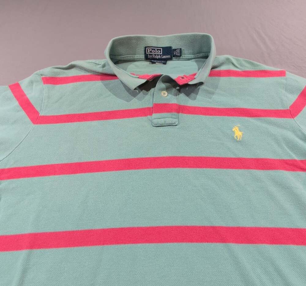 Polo By Ralph Lauren Striped Polo Shirt XL Mint Green Pink Custom Fit Preppy